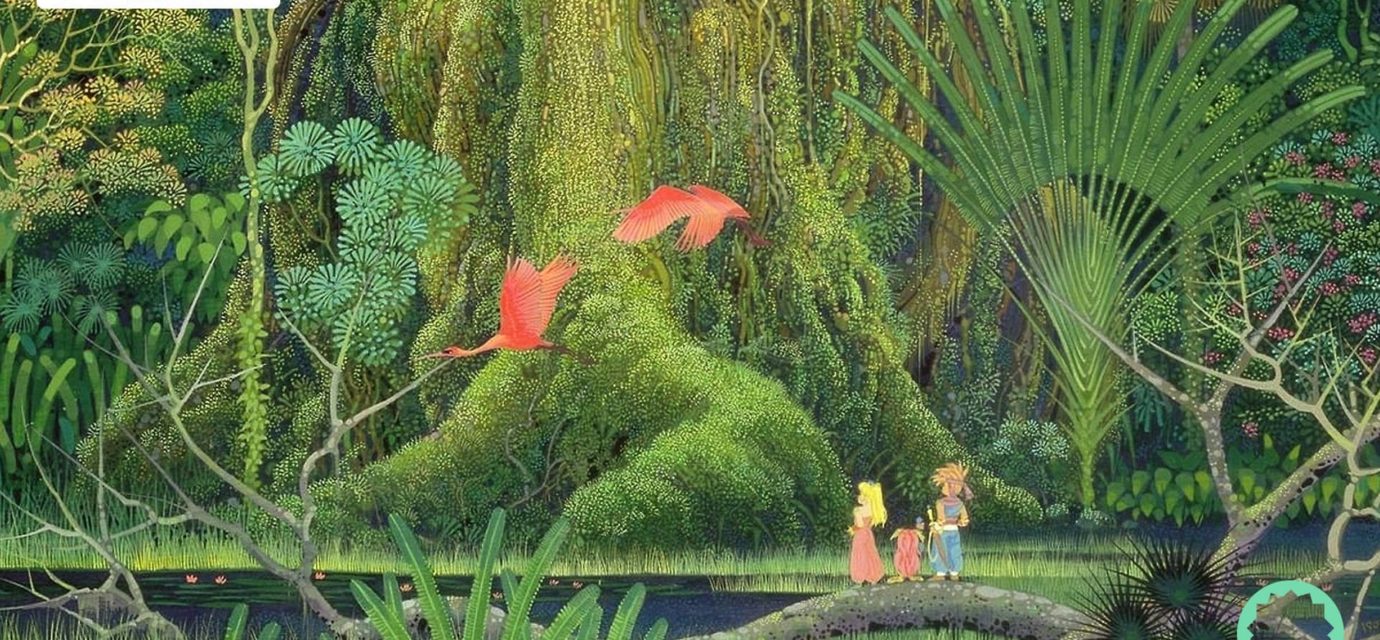 Illustration de Secret of Mana (Seiken Densetsu 2) montrant les trois personnages principaux devant l’Arbre Mana.