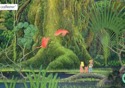Illustration de Secret of Mana (Seiken Densetsu 2) montrant les trois personnages principaux devant l’Arbre Mana.