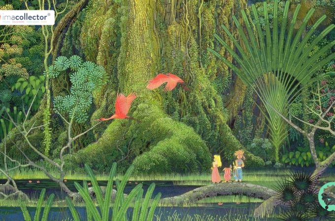 Illustration de Secret of Mana (Seiken Densetsu 2) montrant les trois personnages principaux devant l’Arbre Mana.