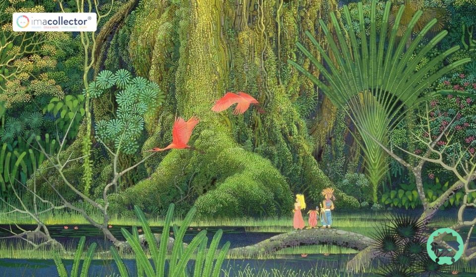 Illustration de Secret of Mana (Seiken Densetsu 2) montrant les trois personnages principaux devant l’Arbre Mana.