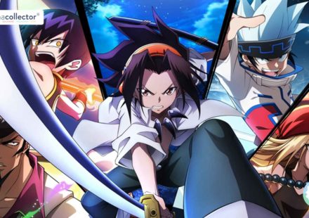 Illustration from Shaman King featuring Yoh Asakura surrounded by Anna Kyoyama, Horohoro, Ryunosuke Umemiya, and Ren Tao—five main characters of the manga, each embodying a different path in response to hatred, combat, and reconciliation.