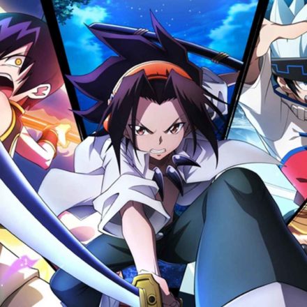 Illustration de Shaman King représentant Koh Asakura entouré d’Anna Kyôyama, Horohoro, Ryû Nosuke et Ren Tao, cinq personnages principaux du manga incarnant différentes trajectoires face à la haine, au combat et à la réconciliation.