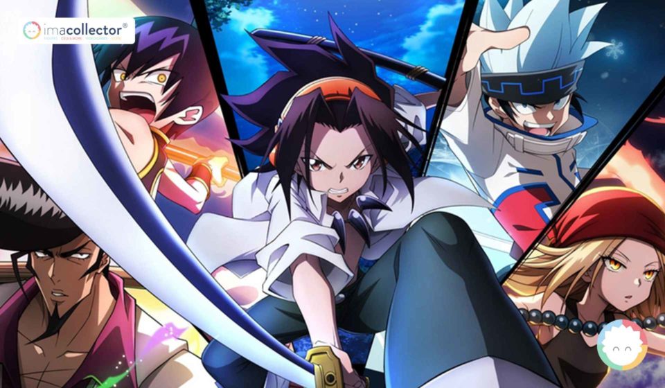 Illustration de Shaman King représentant Koh Asakura entouré d’Anna Kyôyama, Horohoro, Ryû Nosuke et Ren Tao, cinq personnages principaux du manga incarnant différentes trajectoires face à la haine, au combat et à la réconciliation.
