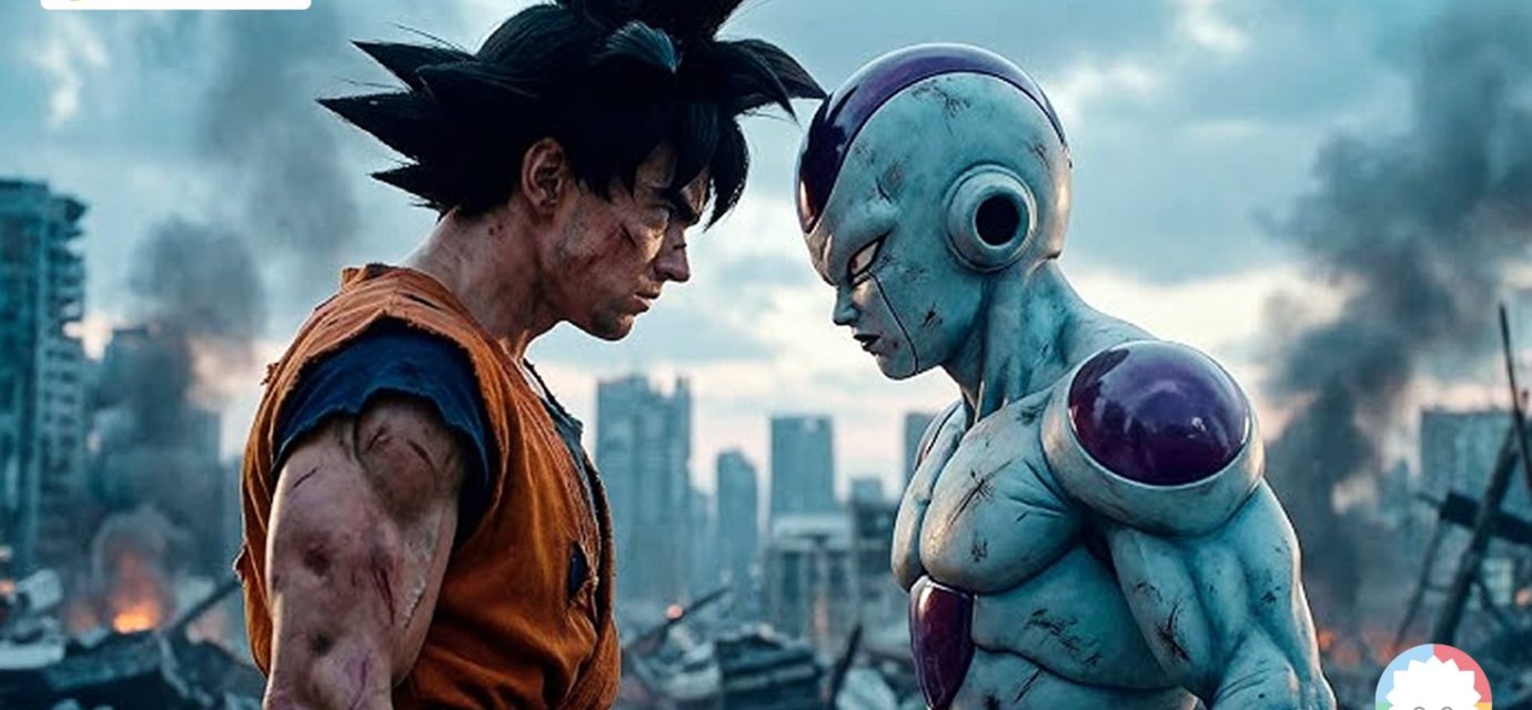 Illustration générée par intelligence artificielle montrant Son Goku affrontant Freezer dans un style inspiré de Dragon Ball, utilisée pour illustrer un article sur les fans, l’IA et le droit d’auteur.