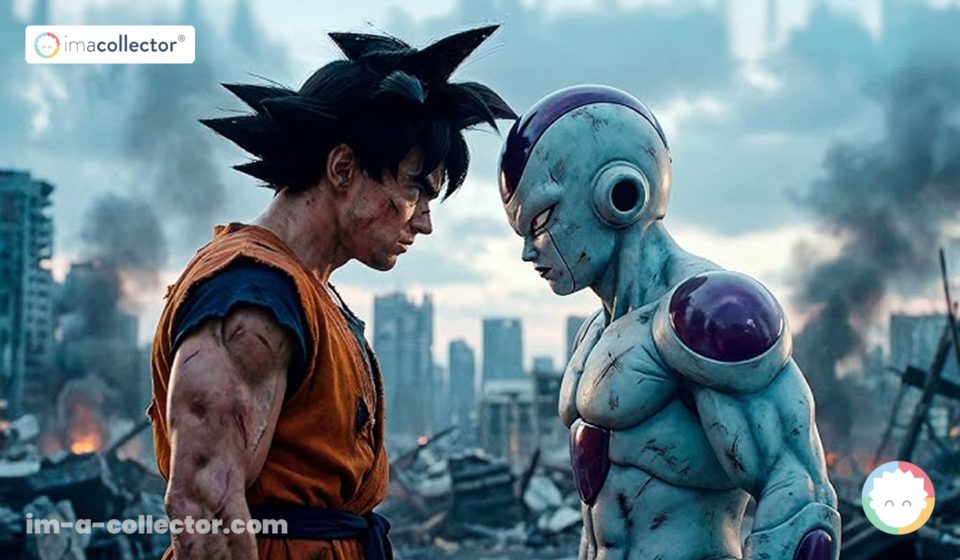 Illustration générée par intelligence artificielle montrant Son Goku affrontant Freezer dans un style inspiré de Dragon Ball, utilisée pour illustrer un article sur les fans, l’IA et le droit d’auteur.