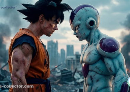 AI-generated illustration showing Son Goku confronting Frieza in a style inspired by Dragon Ball, used to illustrate an article addressing fans, AI, and copyright issues.