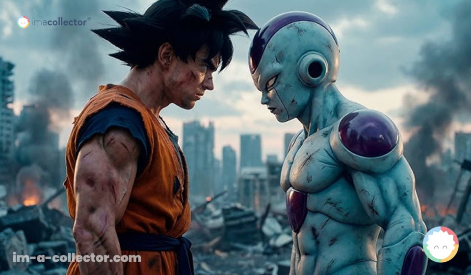 Fans, AI and copyright: why not everything is allowed AI-generated illustration showing Son Goku confronting Frieza in a style inspired by Dragon Ball, used to illustrate an article addressing fans, AI, and copyright issues.