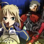 Illustration promotionnelle de Fate/stay night montrant Shirou Emiya entouré de Saber, Archer et Rin Tohsaka, réalisée par le Studio Deen.