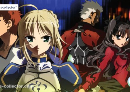 Illustration promotionnelle de Fate/stay night montrant Shirou Emiya entouré de Saber, Archer et Rin Tohsaka, réalisée par le Studio Deen.