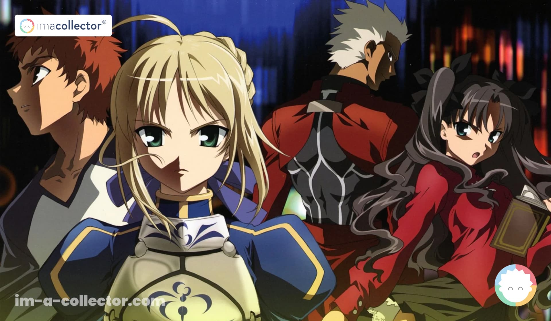 Illustration promotionnelle de Fate/stay night montrant Shirou Emiya entouré de Saber, Archer et Rin Tohsaka, réalisée par le Studio Deen.