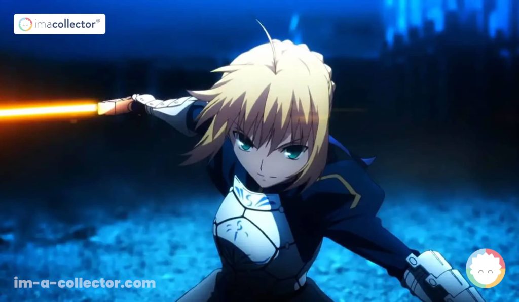 Saber (Arturia Pendragon) en pleine attaque — pose offensive, animation ufotable (Fate/stay night).