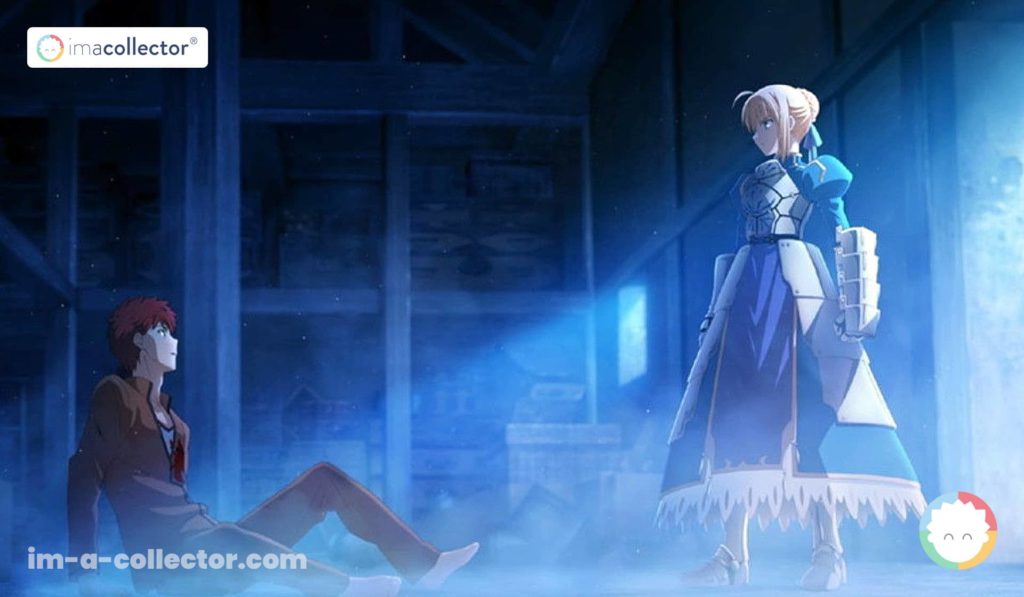 Shirou Emiya est au sol après l’invocation, Saber se tient devant lui et le regarde — scène d’invocation (Fate/stay night, ufotable).