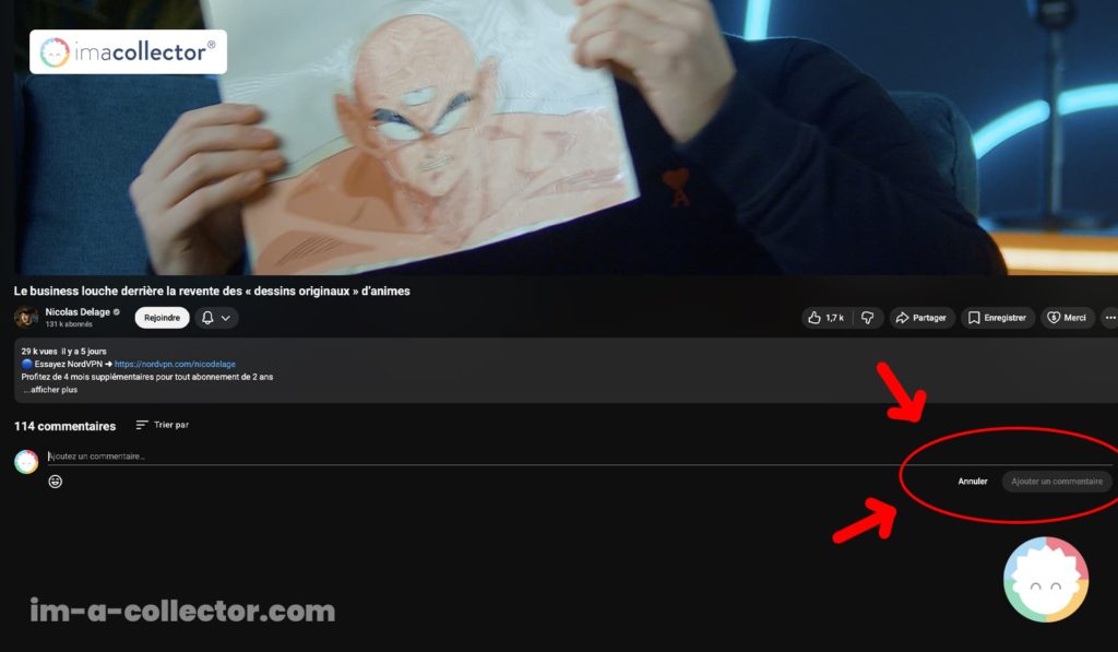 Capture d’écran de YouTube indiquant que Nicolas Delage a bloqué imacollector après la publication d’un commentaire critique sur sa vidéo consacrée aux dessins originaux d’anime
