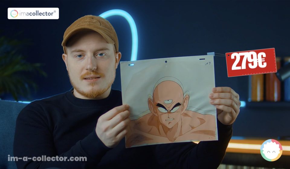 Nicolas Delage présentant un cel celluloïd original de Dragon Ball Z représentant Ten Shin Han, affiché au prix de 279 euros