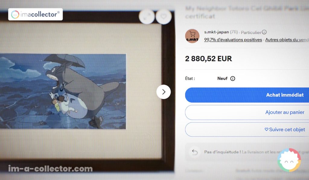 Capture d’écran d’une enchère eBay montrant un cel de Totoro (Studio Ghibli) affiché à 2 850,52 €, sans informations détaillées visibles sur le lot
