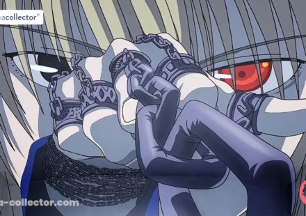 Rilezu officiel de Kurapika aux yeux écarlates, avec chaînes au premier plan, issu de l’anime Hunter × Hunter de 1999.