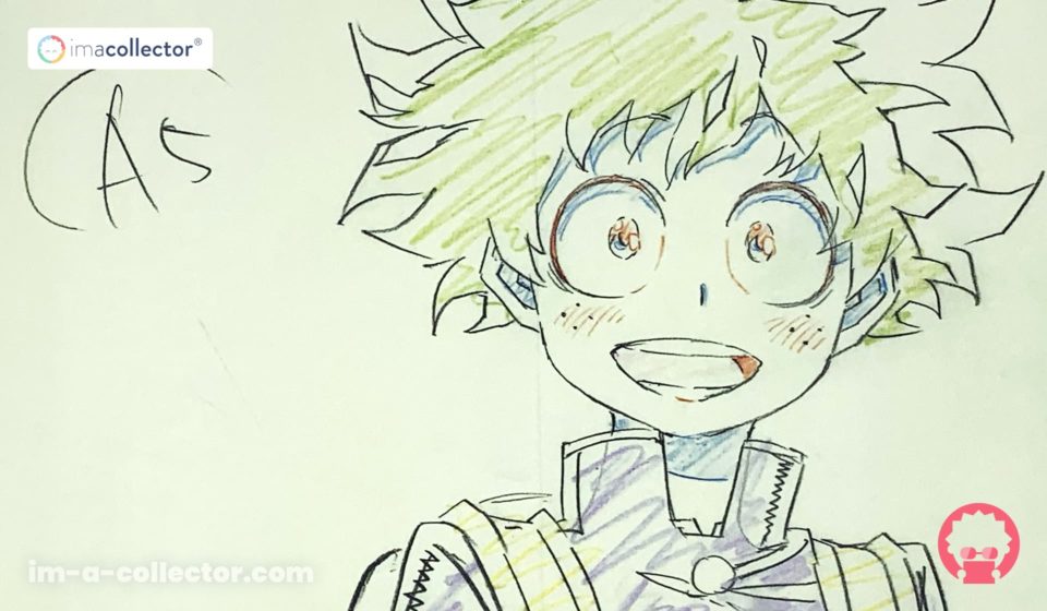 Reproduction de genga de Deku en uniforme scolaire, souriant, issue du DVD vol. 1 édition limitée de My Hero Academia