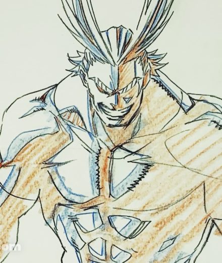 Reproduction de genga d’All Might torse nu, souriant, issue du DVD vol. 1 édition limitée de My Hero Academia
