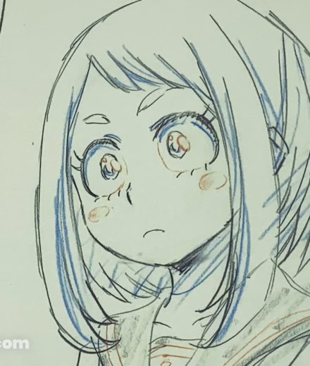 Reproduction de genga d’Ochaco Uraraka au regard interrogatif, issue du DVD vol. 1 édition limitée de My Hero Academia