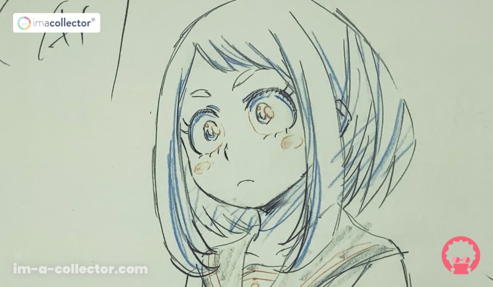 Reproduction de genga d’Ochaco Uraraka au regard interrogatif, issue du DVD vol. 1 édition limitée de My Hero Academia