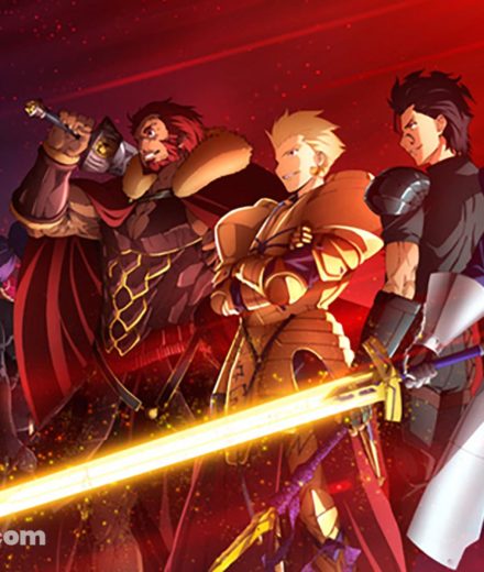 Key visual de la reproduction officielle B4 du 1er anniversaire de Fate/Zero [Next Encounter], avec Saber, Lancer, Archer, Rider, Berserker, Assassin et un Master.