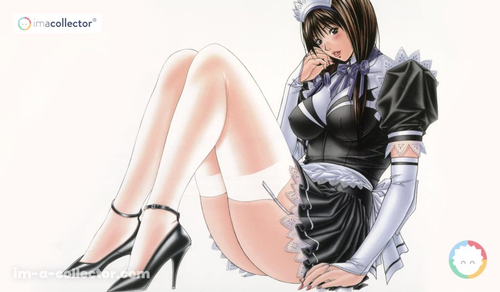 G-Tasteらしい挑発的なポーズで、ハイヒール、ストッキング、メイド衣装をまとった森村奈々のビジュアル。