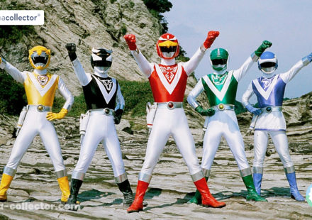 Cover visual bringing together the five Liveman: Red Falcon, Yellow Lion, Blue Dolphin, Green Sai, and Black Bison