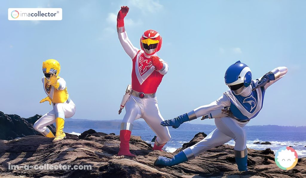 Visuel mettant en avant le trio principal de Liveman au début de la série : Red Falcon, Yellow Lion et Blue Dolphin.