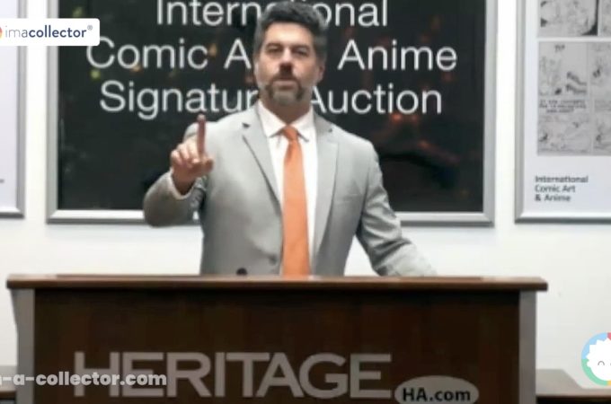 une vente Heritage consacrée aux comics, mangas et anime, avec un commissaire-priseur devant des visuels d’animation japonaise.