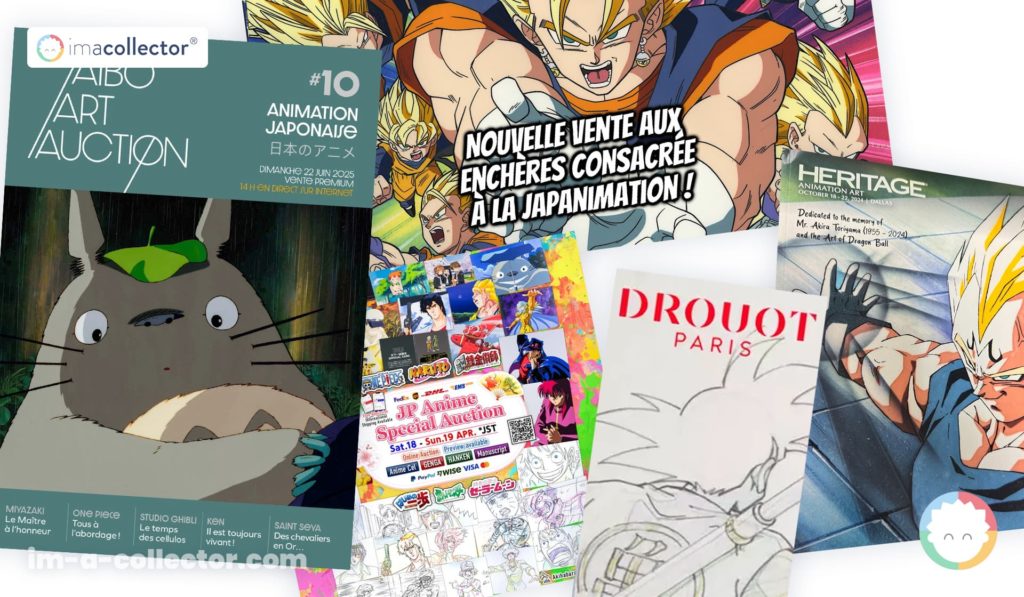 Montage montrant plusieurs ventes aux enchères consacrées à l’animation japonaise, avec Drouot, Heritage, Aibo Art Auction et des visuels Dragon Ball, Ghibli, One Piece ou Naruto.