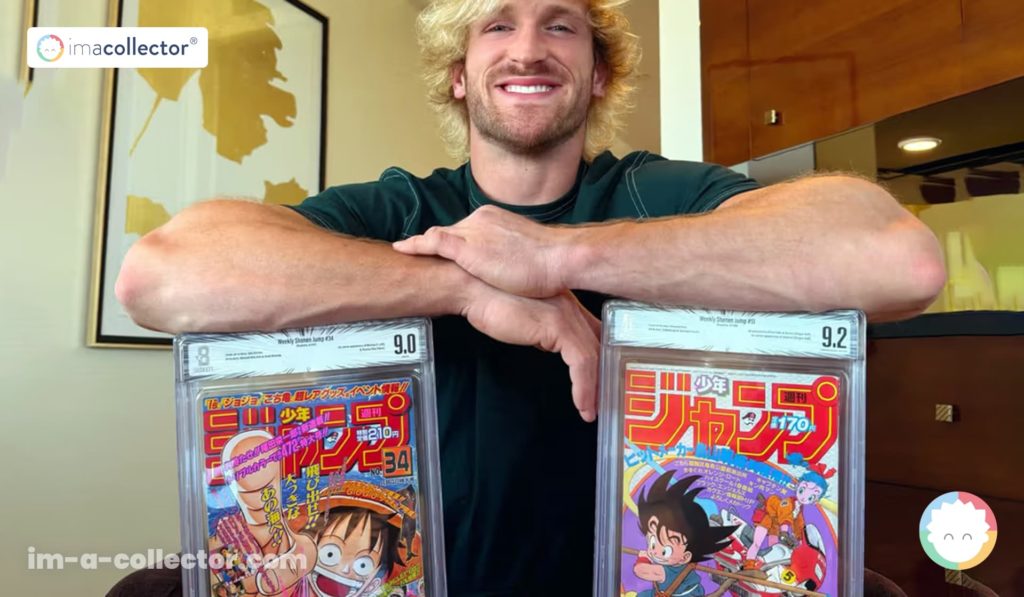 Logan Paul smiling with two BGS-graded Weekly Shōnen Jump issues linked to the debuts of Dragon Ball and One Piece.