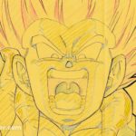 Gotenks bouche ouverte, bras levé, sur une feuille de correction issue de Dragon Ball Z : Fusion Reborn
