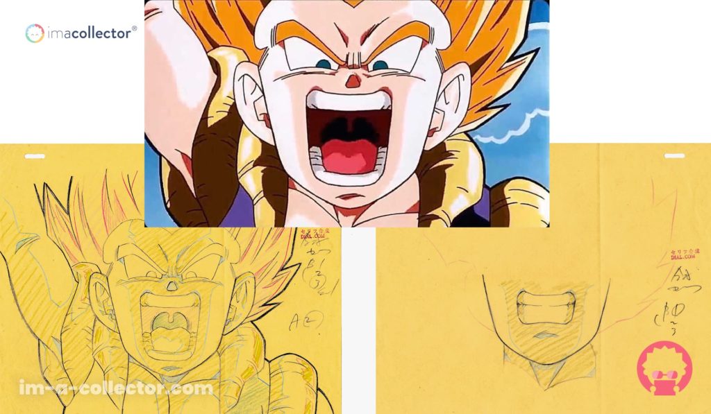 Capture du film Dragon Ball Z : Fusion Reborn accompagnée de deux feuilles de correction de Gotenks.