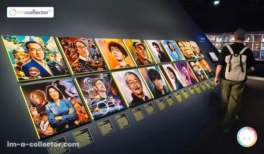 Mur de portraits de compositeurs de jeux vidéo dans l’exposition Video Games & Music, accompagné de courts textes descriptifs.