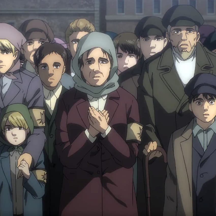 Eldiens regroupés dans un camp dans la série Attack on Titan, en écho aux logiques d’exclusion et d’enfermement.