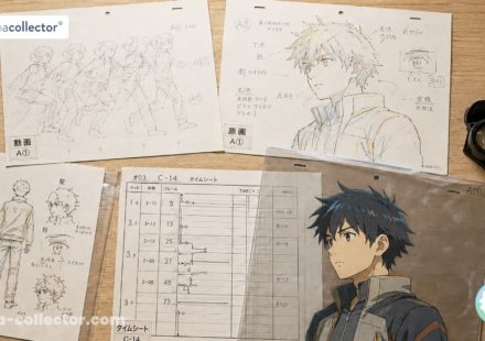 Ensemble de documents d’anime art réunissant settei, douga, genga, timeline et time sheet sur un bureau.