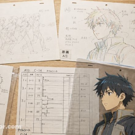 アニメ、文化遺産、そしてコレクション:日本はいかに文化的記憶を守ろうとしているのか 机の上に並べられた、設定資料、動画、原画、タイムライン、タイムシートを含むアニメアート資料一式。