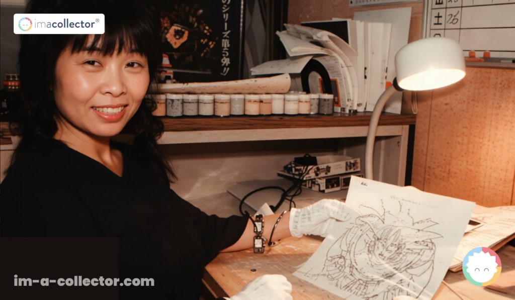 大堀陽子が紙の上で中割りをなぞっており、日本のアニメ制作資料における準備工程のひとつを示している。