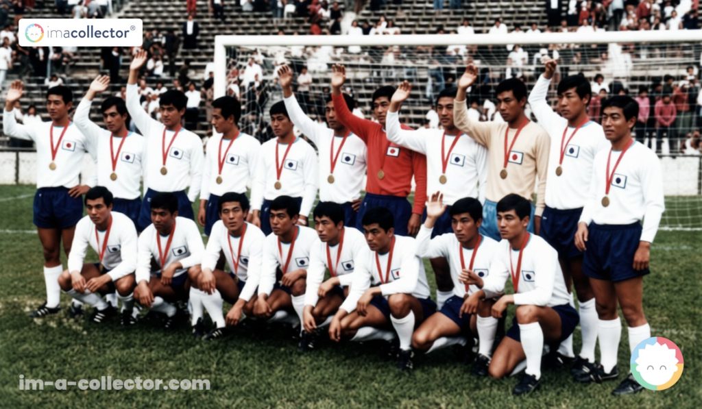 Équipe de football du Japon médaillée de bronze aux Jeux olympiques de Mexico en 1968, sur une photographie retouchée par IA.