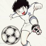 高橋陽一による『キャプテン翼』のイラストで、ボールを足元に置く少年時代の大空翼。