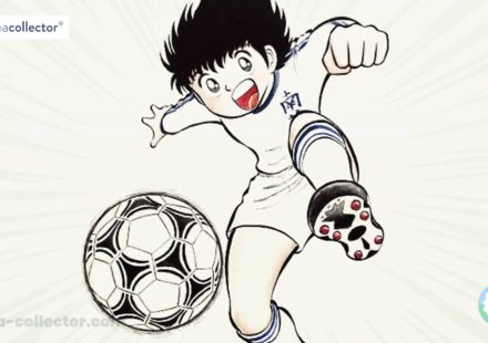 Tsubasa Ozora enfant, balle au pied, dans une illustration de Captain Tsubasa par Yoichi Takahashi.