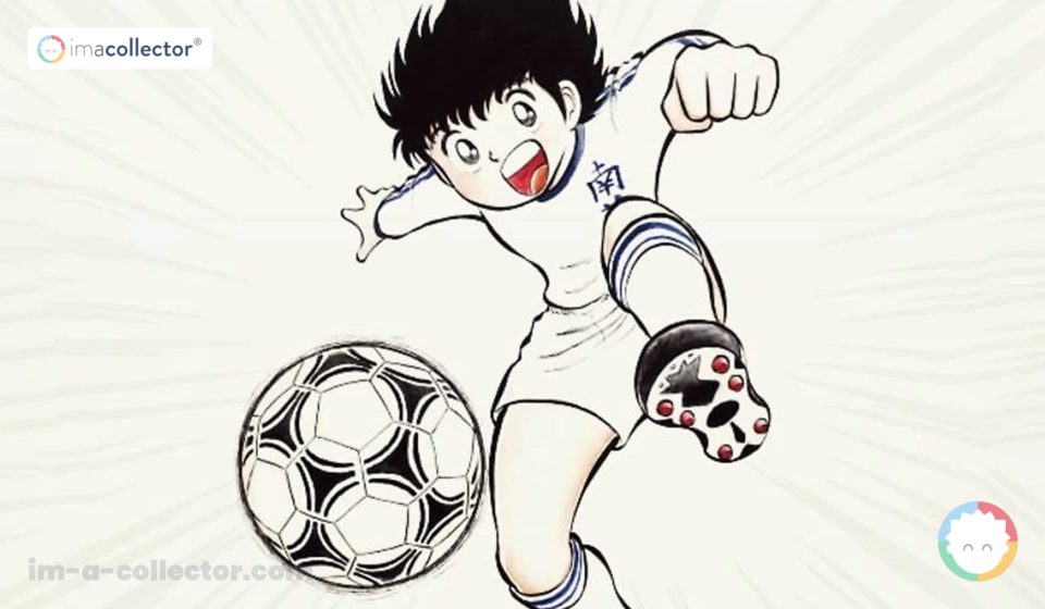 Tsubasa Ozora enfant, balle au pied, dans une illustration de Captain Tsubasa par Yoichi Takahashi.