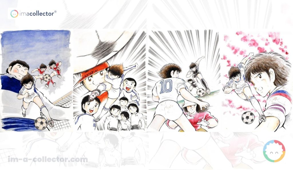 Série d’illustrations en couleur de Captain Tsubasa par Yoichi Takahashi, avec Tsubasa Ozora, les frères Tachibana, Kojiro Hyuga, Takeshi Sawada et Taro Misaki.