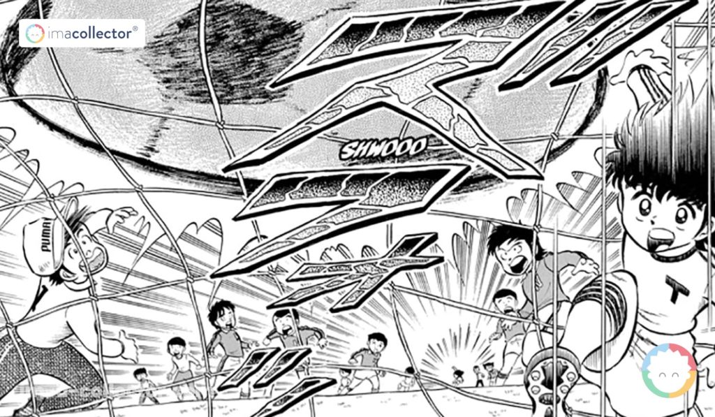Planche du manga Captain Tsubasa montrant Tsubasa Ozora au moment de marquer un but, dans une composition très dynamique.