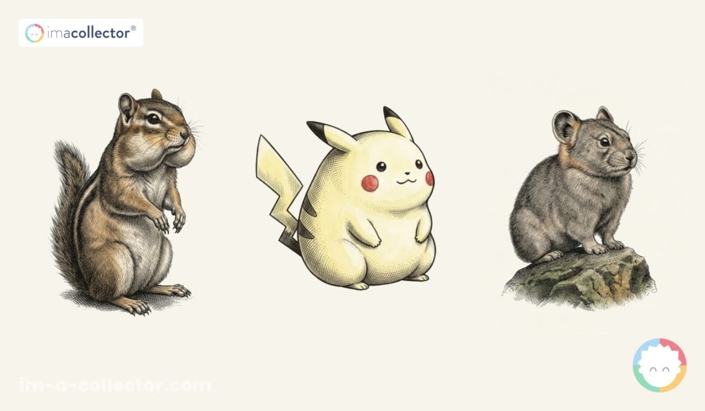 Comparaison entre un écureuil, le design originel de Pikachu et un pika pour explorer les influences du personnage Pokémon.