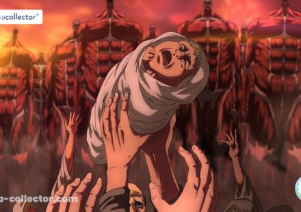 Un enfant en pleurs retenu par plusieurs mains face aux Titans du Grand Terrassement dans la saison finale d’Attack on Titan.