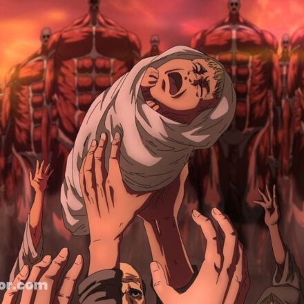 A crying child held by several hands as the Titans of the Rumbling advance in the final season of Attack on Titan.