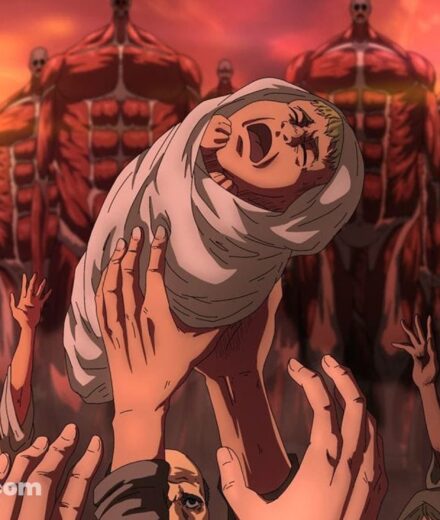 Un enfant en pleurs retenu par plusieurs mains face aux Titans du Grand Terrassement dans la saison finale d’Attack on Titan.