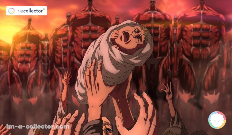 Attack on Titan et la question du génocide Un enfant en pleurs retenu par plusieurs mains face aux Titans du Grand Terrassement dans la saison finale d’Attack on Titan.