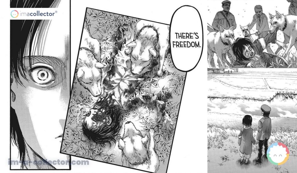 Faye Jäger, Grisha et Eren dans plusieurs cases du manga Attack on Titan illustrant la violence subie par les Eldiens.